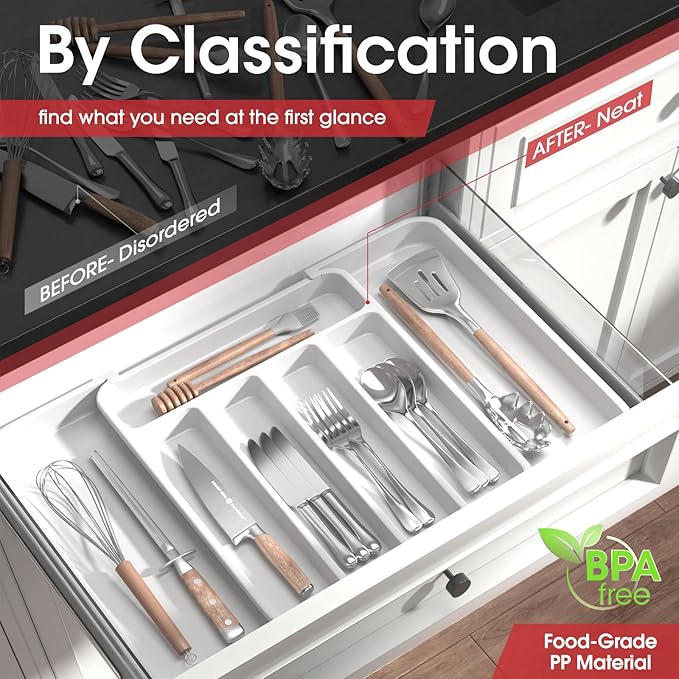 Aujen Silverware Organizer - Expandable Kitchen Drawer Organizer, Adjustable Utensil Organizer, Cutlery Tray for Forks, Knives, Multipurpose Kitchen Organizers and Storage Solution, White, Medium
