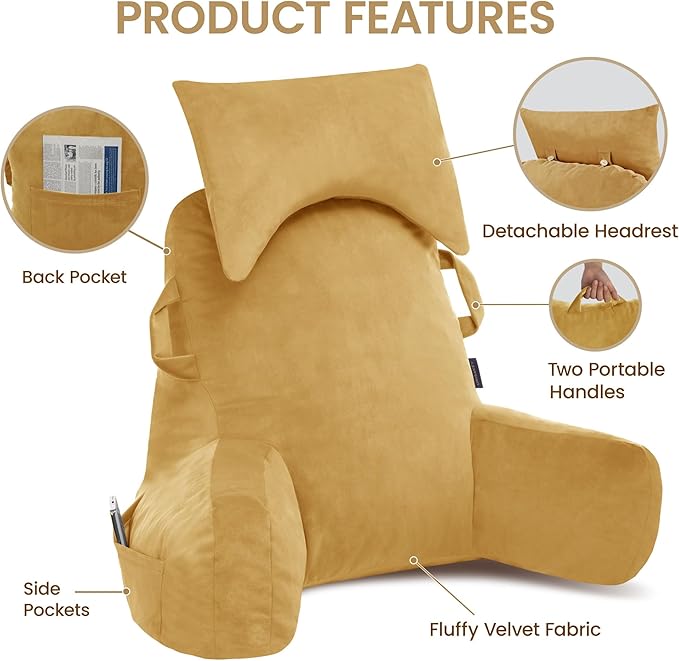 Portable Reading Pillows with Headrest for Bed Sitting Up(Camel Oeko-Tex), Velvet Back Pillow with Arms & Pockets for Adults, Support Memory Foam Bed Pillow for Dorm/Reading/Watching/Gaming
