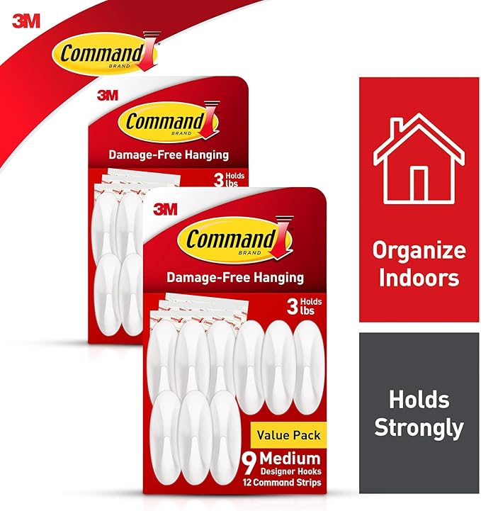 Command Medium Designer Hooks, Damage Free Hanging Wall Hooks with Adhesive Strips, No Tools Wall Hooks for Hanging Decorations in Living Spaces, 18 White Hooks and 24 Command Strips
