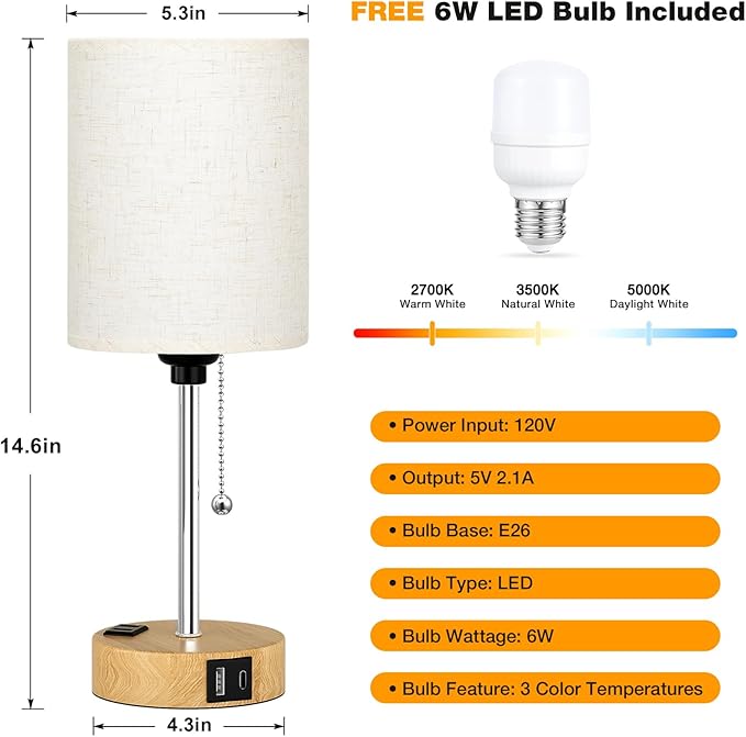 Small Bedside Lamp for Bedroom Nightstand - Table Lamp with USB C and A Port, Pull Chain Bed Lamps with AC Outlet, Wood Base Night Stand Lights for Kids Reading, Desk Lamp for Living Room/Dorm Room