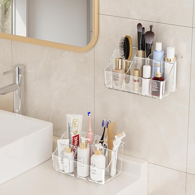 2-Pack Clear Toothbrush Holders for Bathroom Organizers and Storage, Wall-Mounted Tooth Brush Holder and Toothpaste Holder for Bathroom Wall, Countertop - Bathroom Accessories