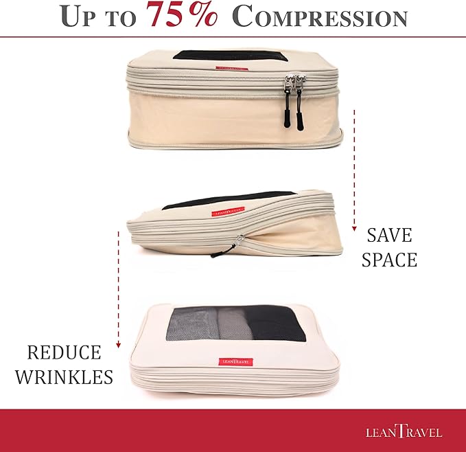 LeanTravel Compression Packing Cubes for Travel Organizers with Double Zipper (6-Pack (2L+2M+2S), Sand)