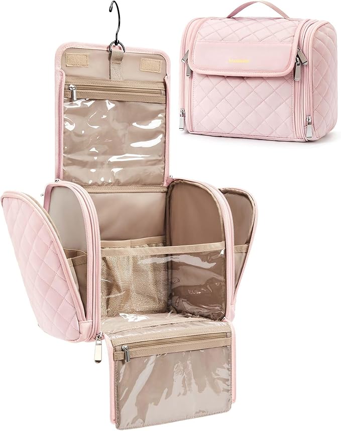 BAGSMART Makeup Bag for Women with Hanging Hook, Large Portable Capacity Water-resistant Organizer Travel Case for Toiletries and Cosmetics, Pink