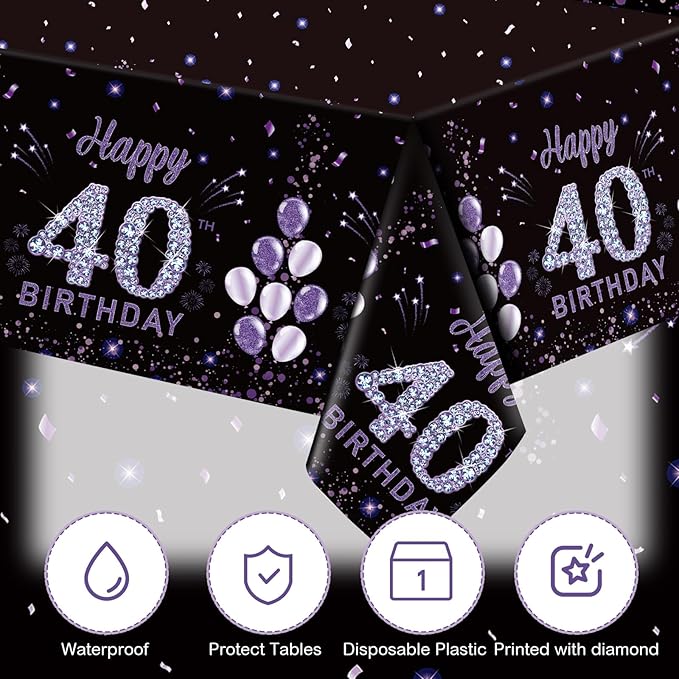 Ganeen 3 Pack 40th Birthday Tablecloth Purple Black Happy 40th Birthday Decorations Disposable Plastic Rectangular Table Cover for Party Supplies Women Men, 108 x 54 Inch
