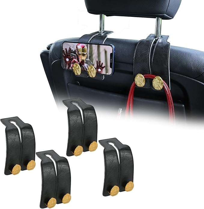 URIZZD 4 PCS Leather Car Seat Hooks for Headrest, Vehicle Hanger Storage Organizer Universal for Handbag Purse, Car Accessories Gift (Black-Gold-4 PCS)