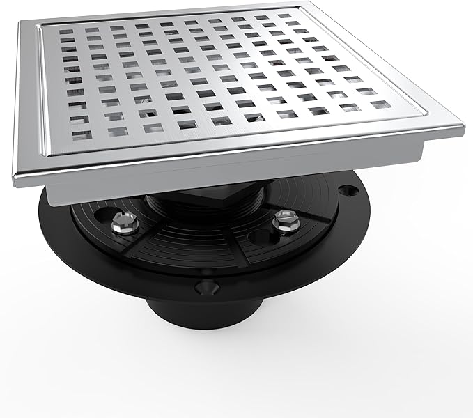 WEBANG 6 Inch Square Shower Floor Drain with Flange,Quadrato Pattern Grate Removable,Food-Grade SUS 304 Stainless Steel,Watermark&CUPC Certified,Brushed