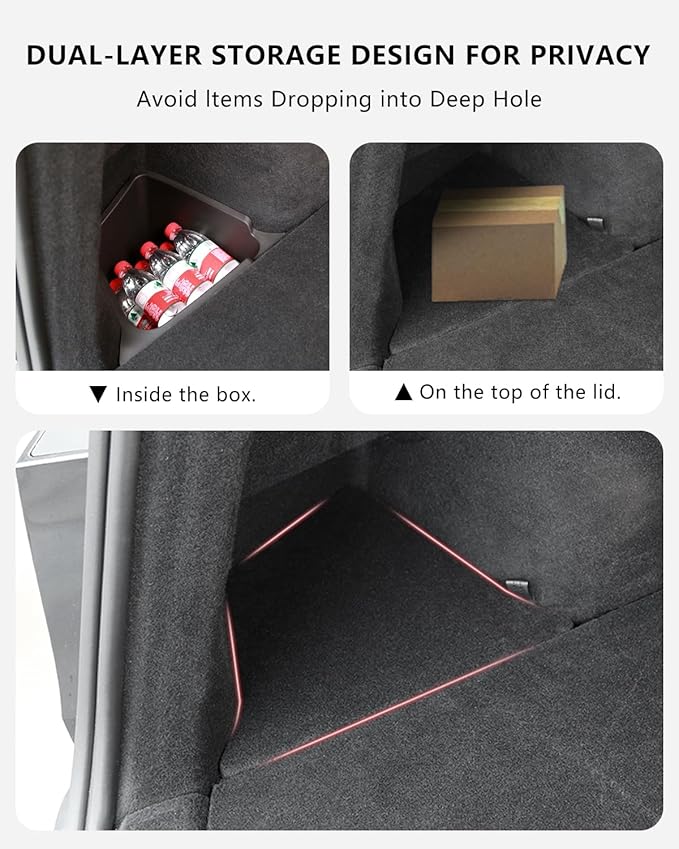 Lchrysify Trunk Storage Bins for Tesla Model Y Juniper 2025 2026, Trunk Organizer with Suede Lid and PU Handle, Rear Trunk Side Storage Box for Tesla Model Y Juniper Interior Accessories