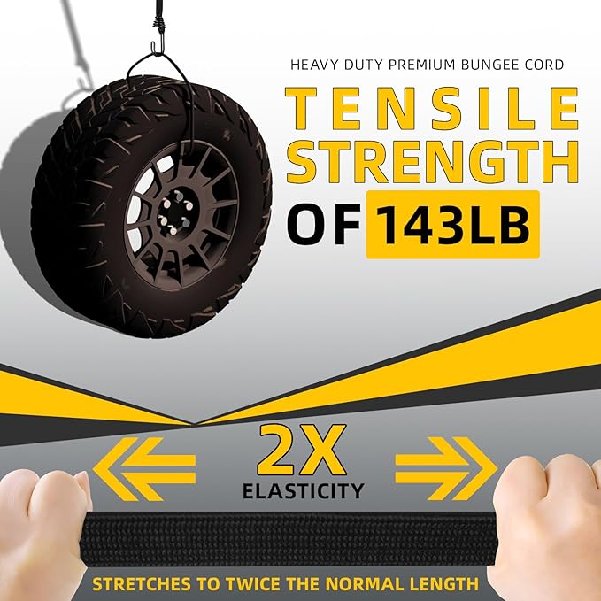 Bungee Cords with Hooks Heavy Duty, Flat Extra Strong Outdoor Bungee Straps, Secure Load Distribution Industrial Grade Bungee Rope for Securing Luggage, Tarps, Tents (Black, 36inch6pcs + 72inch2pcs)
