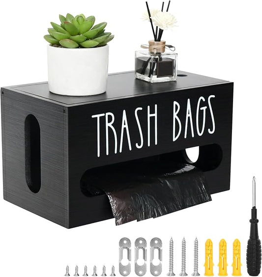 Trash Bag Dispenser, Wall Mounted,Small Wood Trash Bag Holder, used in kitchen, garage, laundry room, can store Environmentally friendly food bags and garbage bags (Black/Small)