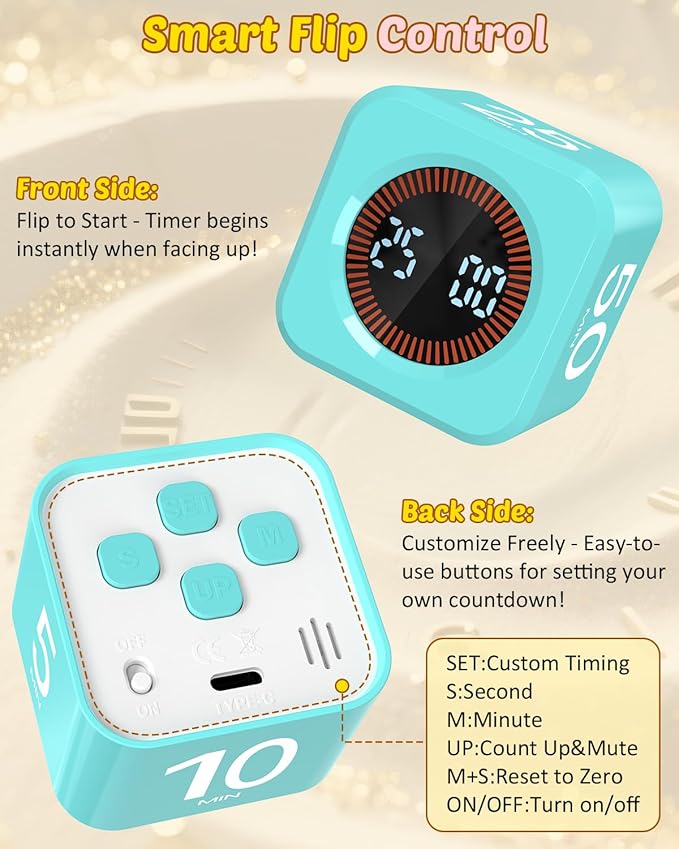 Pomodoro Timer Cube Visual Productivity Flip Timer for Kids Classroom Desk, 5/10/25/50min& Custom Countdown, Silent&Sound Mode Digital Cube for ADHD Study Work School Game Kitchen (Mint Green)