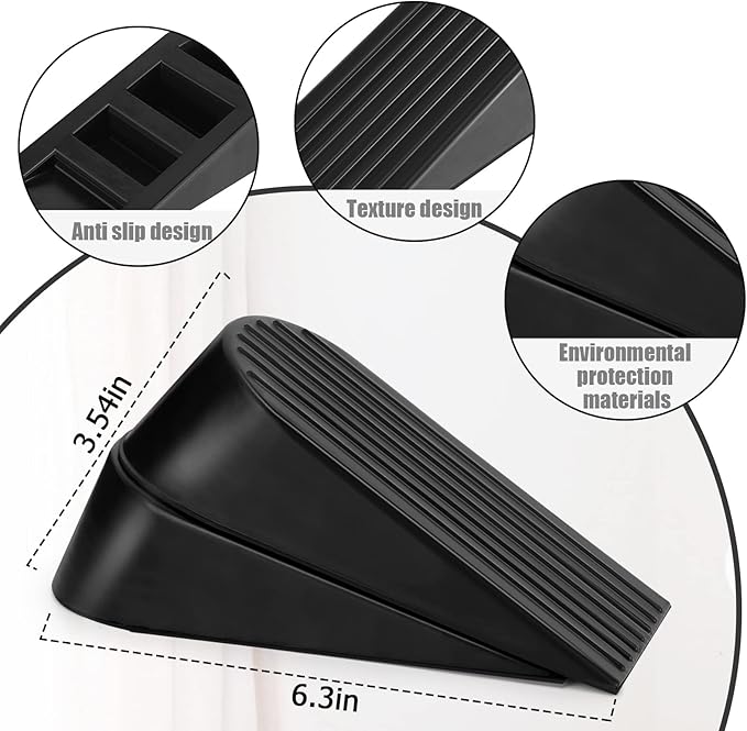 Big Door Stopper 2 Packs, Heavy Duty Wedge Rubber Door Stop Works on All Floor Surfaces, Non-Scratching Doorstops Special for Home Office School Heavy Door (Black, H1.9 x L6.3 x W2.7 Inches)