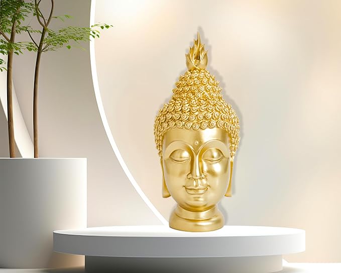 Buddha Head Statue (Gold), Ideal for Zen Space, Spiritual Decor, Buddhism Religious Room Decoration
