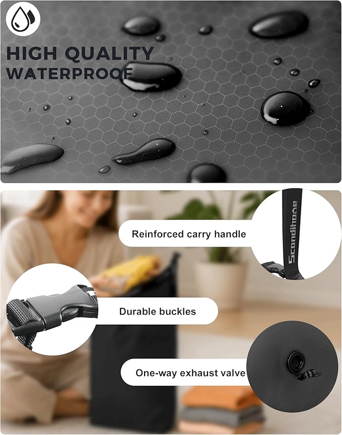 Travel Laundry Bag, Pump-Free Vacuum Compression Dirty Clothes Bag, Small Reusable Waterproof & Washable Laundry Bag, Wet and Dry Bag, Ideal for Suitcases, Road Trip Essentials (1 Pcs) Black