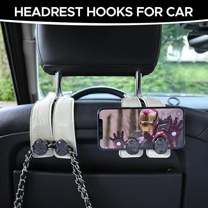 URIZZD 4 PCS Leather Car Seat Hooks for Headrest, Vehicle Hanger Storage Organizer Universal for Handbag Purse, Car Accessories Gift (White-Black-4 PCS)