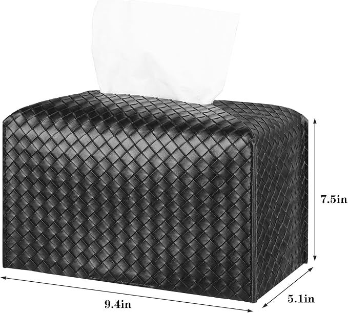 Tissue Box Cover PU Leather Tissue Holder Square Facial Tissue Case Facial Paper Organizer Dispenser for Bathroom, Vanity Countertop, Tabletop, Car, Rectangle, Black