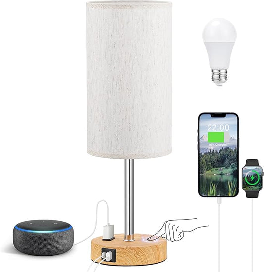 Fenmzee Touch Table Lamp - Cream, 3-Way Dimmable, USB A + C Charging, AC Outlet, 17.4inch Medium, Wood Grain Base