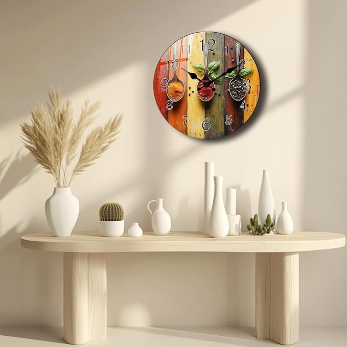 Spice Wall Clock 12 Inch, Vintage Wooden Silent Non Ticking Analog Wall Clock Battery Operated, Decorative Wall Clocks for Bathroom Kitchen Living Room Wall Décor