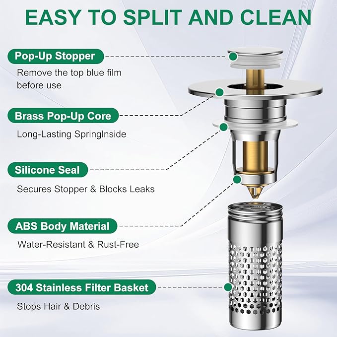 Bathroom Sink Drain Strainer,Universal Pop-Up Sink Stopper Hair Catcher, Anti-Clog Stainless Steel Drain Filter Basket, Removable Sink Drain for Bathroom Sink Stopper Replacement