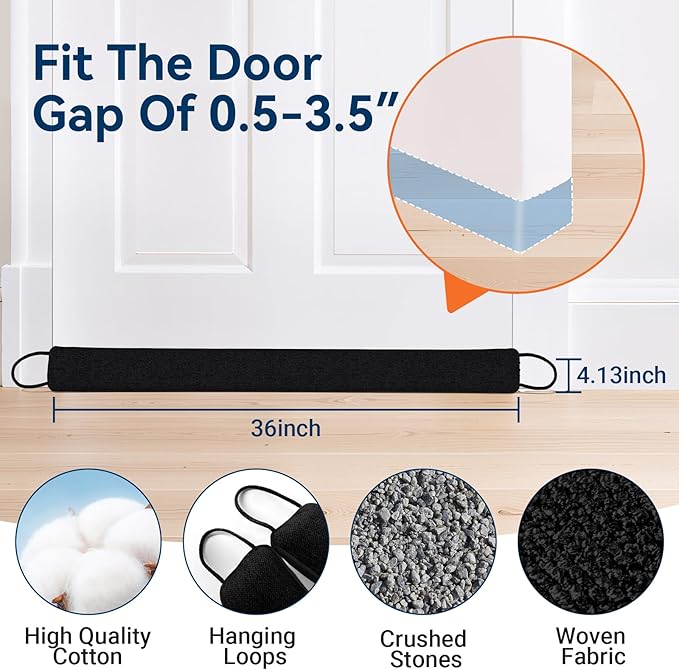 Door Draft Stopper for Bottom of Door, 36'' Heavy Duty Under Door Draft Blocker Gap Filler, Door Seal for Noise Light Cold Air, with Adhesive Strips, Black