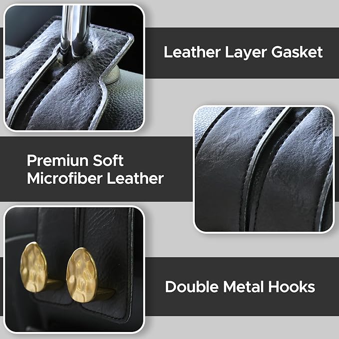 URIZZD 2PCS Leather Car Seat Hooks for Headrest, Vehicle Hanger Storage Organizer Universal for Handbag Purse, Car Accessories Gift (Black-Gold)
