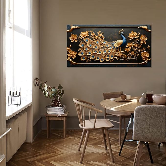 ZESTRILIA Pretty Peacock Wall Art for Living Room Office Gold Country Rustic Retro Asian Canvas Painting Prints Golden Vintage Elegant Peackock Artwork Dining Bedroom Decor (30x16 Inches)