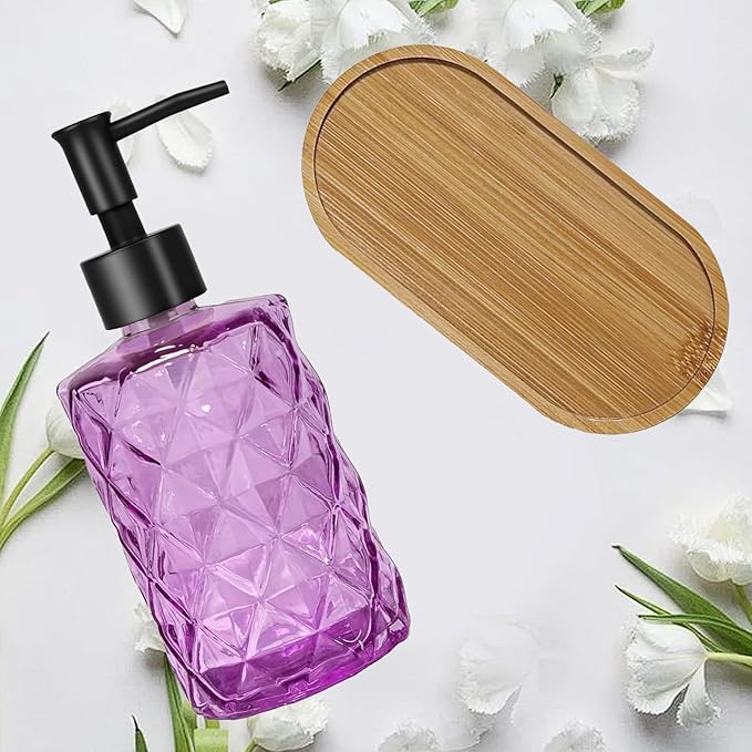 Glass Hand and Dish Soap Dispenser Set of 2 with Plastic Pumps, Bamboo Tray, 12oz Purple Bathroom Soap Dispenser with Diamond for Hand Wash & Dish Wash, Ideal for Bathroom Kitchen Countertop