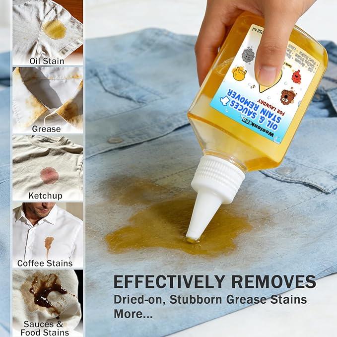 Instant Oil Stain Remover For Fabric (9 fl oz) – Effectively Eliminates Food Grease, Sauces, Motor Oil, Dried Oils, and Oily Stains. Safe for Skin and Machine-Washable Fabrics