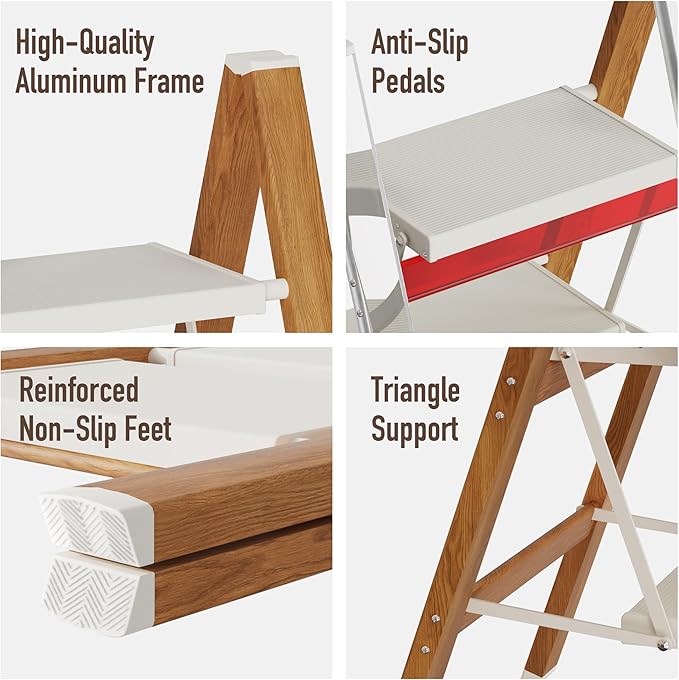 4 Step Lightweight Aluminum Folding Ladder, Portable Step Stool with Anti-Slip Pedals, 330 lbs Capacity for Home, Office, Kitchen（White&Woodgrain）