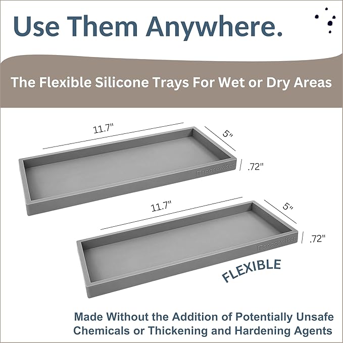 Spacewiser Countertop and Vanity Tray - 2 PC Large 11.7" Silicone Bathroom Trays, Counter Organizer, Dish Soap Sponge Holder Kitchen Sink Tray Organizer, Sink Caddy Toothbrush Key Kitchen Soap Trays