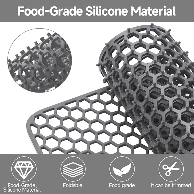 Sink Protectors for Kitchen Sink - 28.62" x 15.98" Silicone Mat - Can DIY Drain Holes - Non-slip Heat Resistant Liner for Bottom of Farmhouse Porcelain Stainless Steel（Grey）
