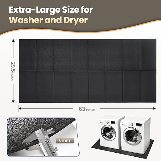Washer Dryer Anti-Vibration Mat Foldable Rubber Mat for Washing Machine, Waterproof, Noise Reducing Pads Non-Slip Shockproof Mat for Floor Protection, 63 * 29.5 Inches