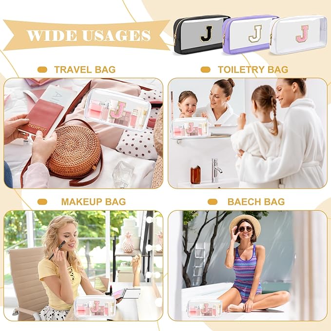 Personalized Initial Letter Clear Makeup Bag,Preppy Small Nylon&PVC Cosmetic Zipper Bag with Chenille Letter,Travel Skincare Toiletry Bag,Monogram Christmas Gift for Teen Girls Women,J