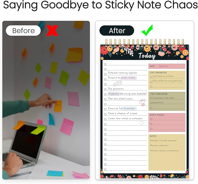 CICPAP To Do List Notepad - To Do List Notebook for Work with 52 Sheets, Undated Daily Planner Perfect for Enhanced Productivity and Goal Achievement - Black Floral