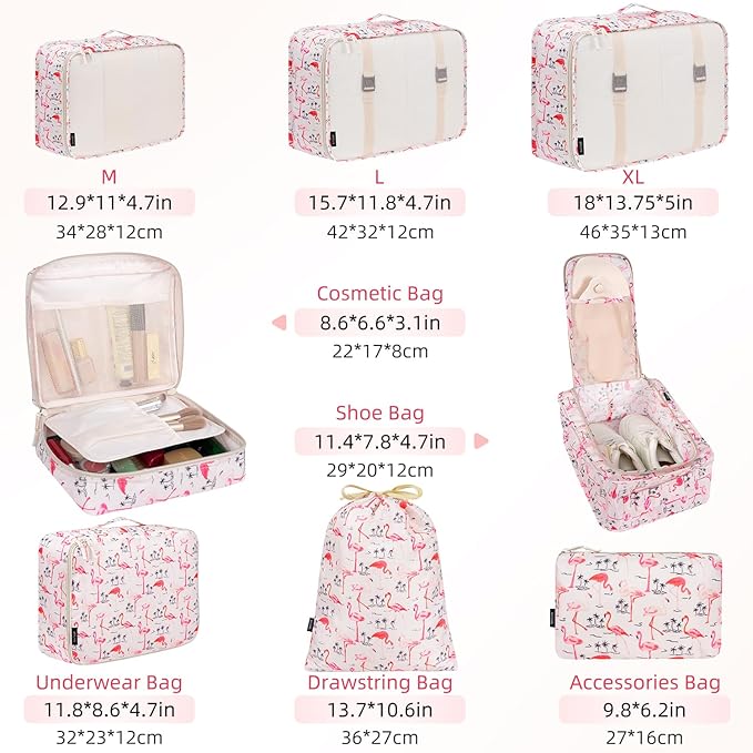 BAGAIL 8 Set Packing Cubes Luggage Packing Organizer Bags for Travel Accessories - Pink Flamingo