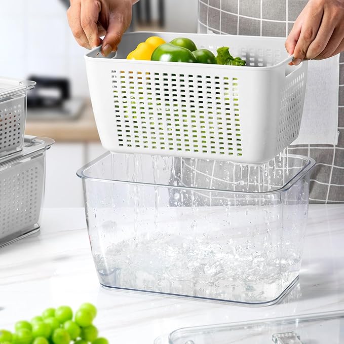 LUXEAR Fresh Container, 3PACK Produce Saver Container BPA Free Fridge Organizer for Vegetable Fruit and Salad Partitioned Food Storage Container with Vents Stay Fresh Containers Not Dishwashers Safe