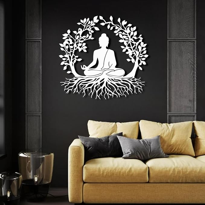 ENJOYOO Tree of Life and Buddha Metal Wall Decor, Tree of Life Wall Art, Buddha Metal Wall Art for Living Room, Bedroom, Outdoor (Black, 35×33in/90×84cm, metal wall art)