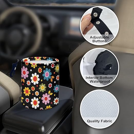 Panskyllis Colorful Hippie Flowers Car Trash Can Collapsible Car Waste Basket Container Waterproof Auto Storage Box Travel Accessories