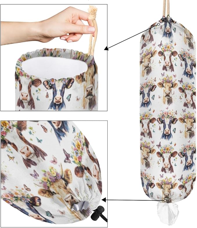 Plastic Bag Holder Butterfly Flower Highland Cow Wall Mount Grocery Bag Holder Washable Plastic Bag Dispenser Garbage Bag Organizer for Home Kitchen Decor, Gifts for Women Mom Family Friends