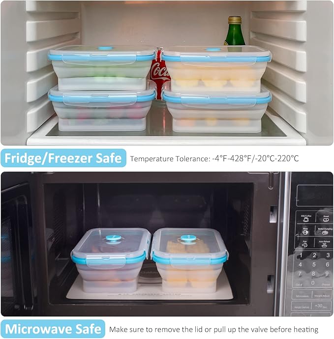 Collapsible Food Storage Containers with Airtight Lid & Vent, 27oz, Kitchen Stacking Silicone Collapsible Meal Prep Container Set for Leftovers, Microwave Freezer Dishwasher Safe, Translucent, Set of 4