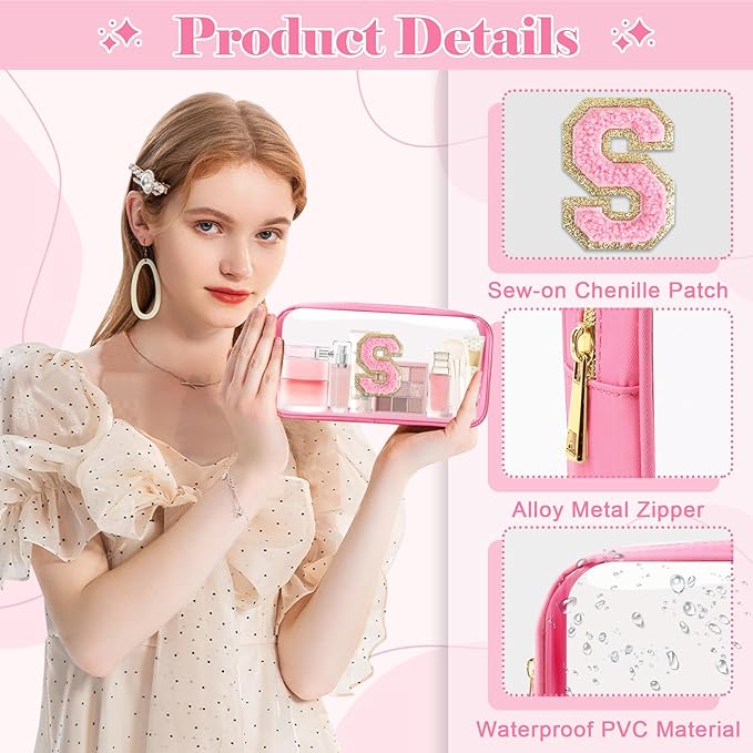 Personalized Initial Letter Clear Makeup Bag, Preppy Small Nylon & PVC Cosmetic Zipper Bag with Chenille Letter, Portable Beach Travel Skincare Toiletry Bag, Trendy Monogram Gift for Teen Girls Women, S