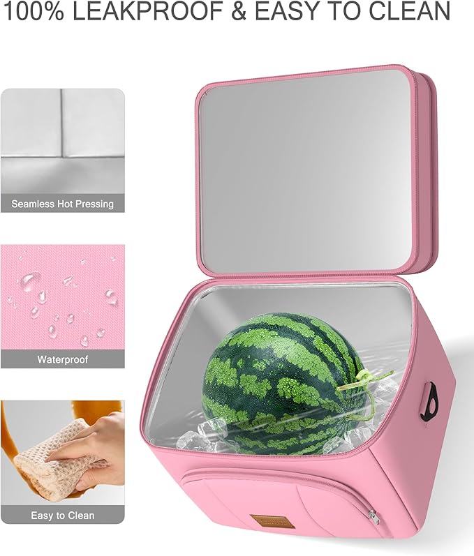 Rnivvi Lunch Box for Women, Double Decker Insulated Cooler Bag Lunch Bag Reusable Leakproof Tote Lunch Container with Strap for Work Family Picnic Hiking Camping, 18 Cans 12L, Large Adults, Pink