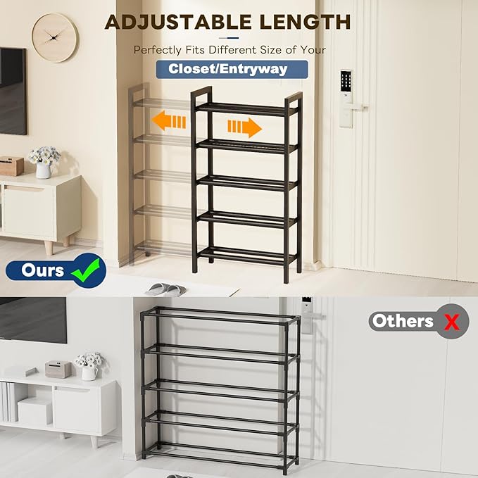 Mavivegue Expandable Shoe Rack, 5-Tier Shoe Organizer for Closet, Adjustable Shoe Rack for Front Door Entrance, Entryway