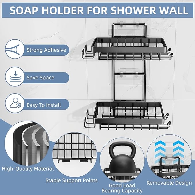 Soap Holder, Double Bar Soap Holder Shower Stainless Steel, Soap Dish for Shower Wall with Hooks and Razor Holders, Soap Tray Self Adhesive for Bathroom Bathtub Accessories Organizer