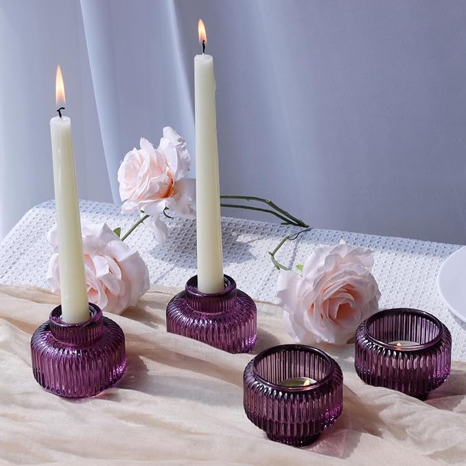 Woho Purple Candlestick Holders Set of 4 for Halloween Decorations, Ribbed Glass Taper Candle Holders for Thanksgiving/Christmas, Vintage Candle Sticks Holder Decor for Fall Wedding Table Centerpiece