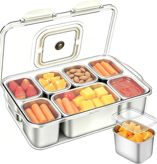 Snackle Box Container, Stainless Steel Divided Serving Tray with Lid and Handle, Large Snack Tray for Fruit Veggie Candy, 7-Compartment Snack Platter for Travel Party Beach Picnic