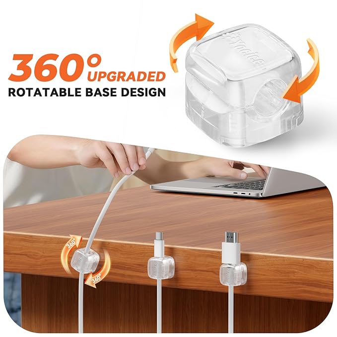 12Pack Rotatable Cord Organizer,Spring Cable Clips Desk Cable Management Cord Holder Adhesive Phone Charger Cord Clips for Home Office Car Wall Nightstand Accessories Clear