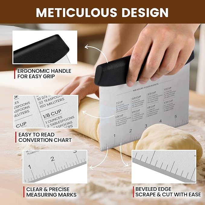 SCHVUBENR Dough Scraper Set with 2 Flexible Bowl Scrapers - Stainless Steel Dough Cutter & Bench Scraper with Measuring Scale - Versatile Kitchen Scraper for Bread, Pastry, Pizza, Cake - Black & Blue