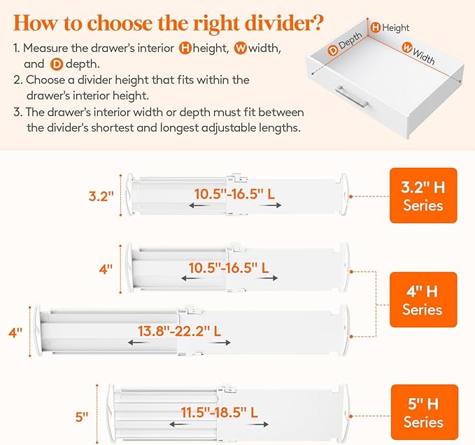 Lifewit 8 Pack 5" High Drawer Dividers for Clothes, 11.5"-18.5" Expandable Dresser Drawer Organizers, Adjustable White Plastic Separators for Kitchen, Cabinet, Nursery, Socks & Underwear Storage