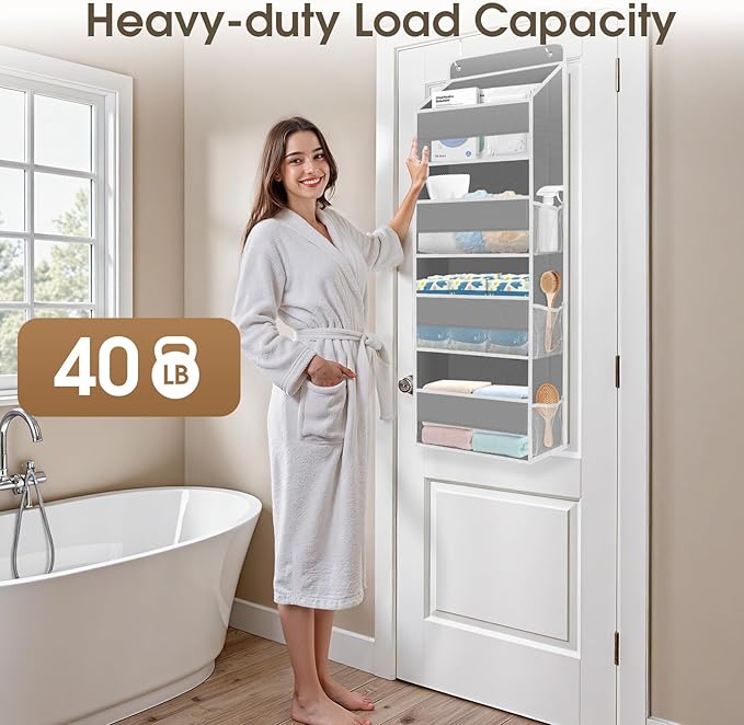 2 Pack Over The Door Organizer, Hanging Storage Organizer with Clear Window, 40lb Ultra Sturdy Large Capacity Room Organizer for Pantry Laundry Bathroom Nursery Closet (Grey)