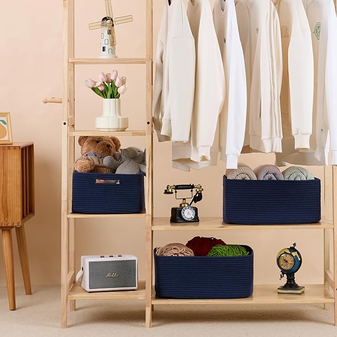MiniArk Large Storage Baskets for Shelves, Closet Organizers Bins for Clothes Blanket Towels, Baby Nursery, Toy Baskets Box, Woven Rope Baskets, 17 x 13 x 7.5”, 3 Packs Navy Blue